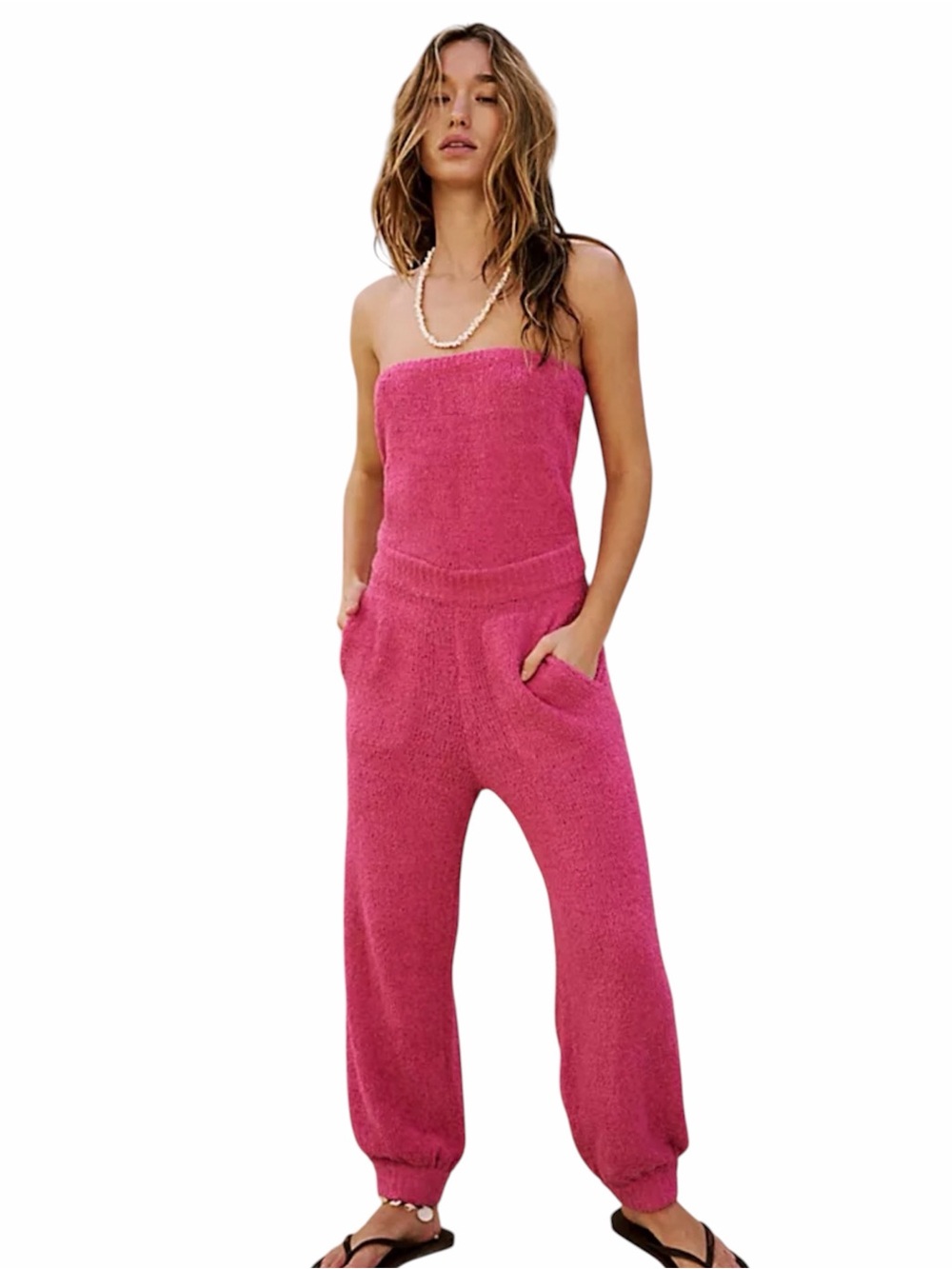 Free People Beach Claire Pink Terry Strapless Jumpsuit Boho Vacation Women’s S